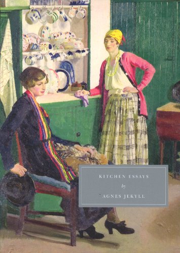 Painting of two women in a kitchen with a grey title box overlay.