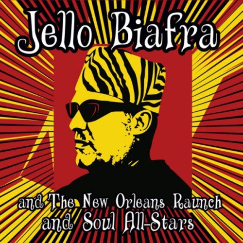 Jello Biafra portrait with radiating lines, red background, and yellow text.