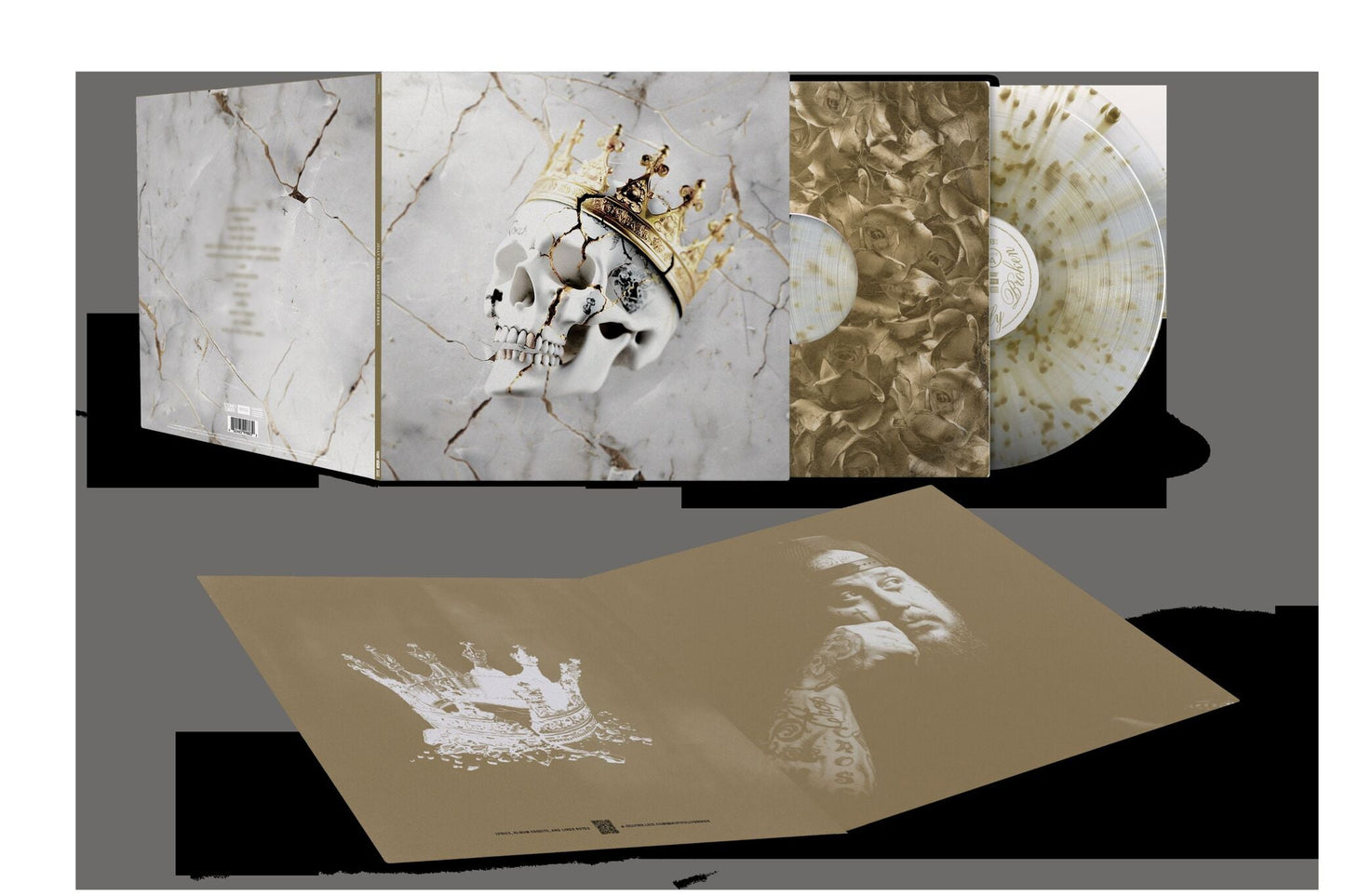 Jelly Roll vinyl record set featuring a cracked skull with a gold crown.