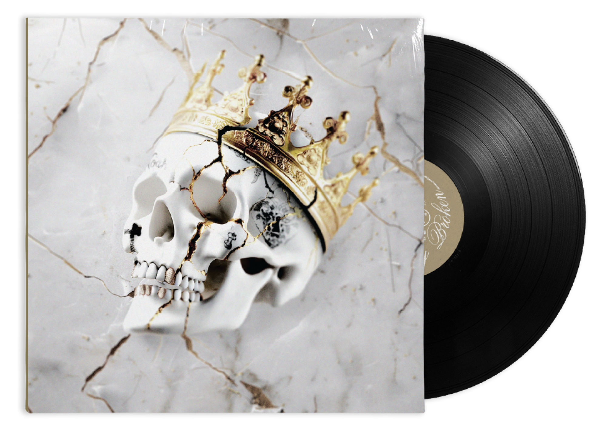 Vinyl record with cover depicting a skull wearing a gold crown.