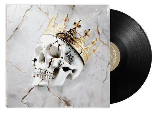 Vinyl record with cover depicting a skull wearing a gold crown.