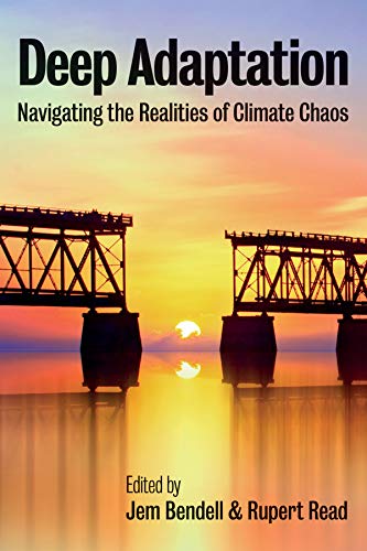Book cover: "Deep Adaptation" with a bridge silhouetted against a sunset.