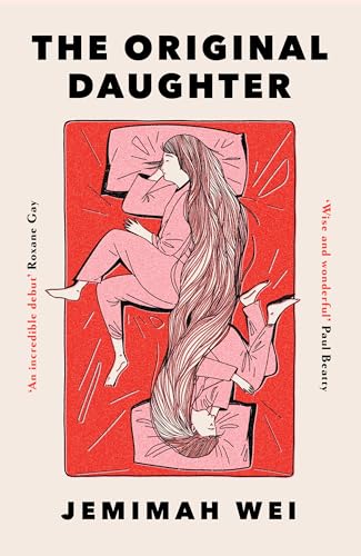 Book cover: red frame, woman with long hair lying on a bed.