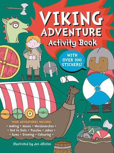 Viking adventure activity book cover with characters, a ship, and dragon head.