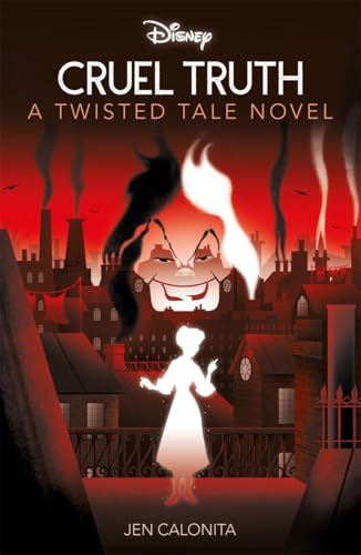 Book cover showing a glowing silhouette against a red cityscape with Cruella de Vil's face.