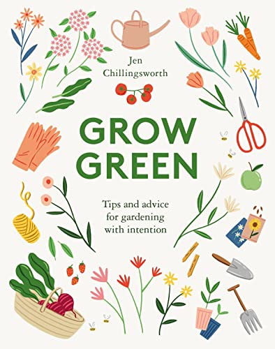 Book cover with illustrated gardening tools, plants, and the title “Grow Green.”