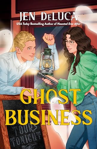 Book cover: two people, a ghost, and lantern with yellow “Ghost Business” text.