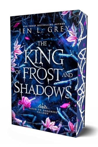 Book cover: “The King of Frost and Shadows” with icy blue and floral designs.