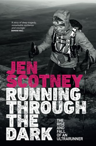 Black and white book cover showing a hooded ultrarunner hiking on a rocky trail.