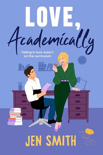 Book cover: illustrated couple in a study, purple background, text “Love, Academically”.