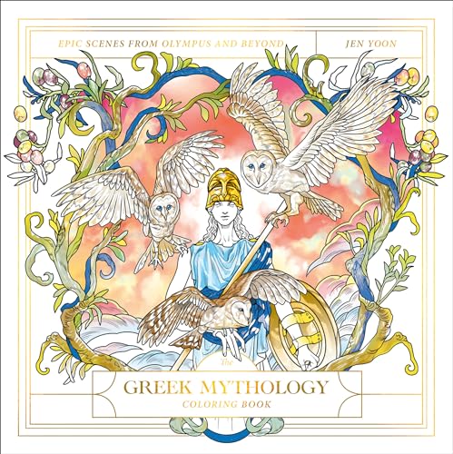 Coloring book cover with Athena, owls, and ornate floral designs.