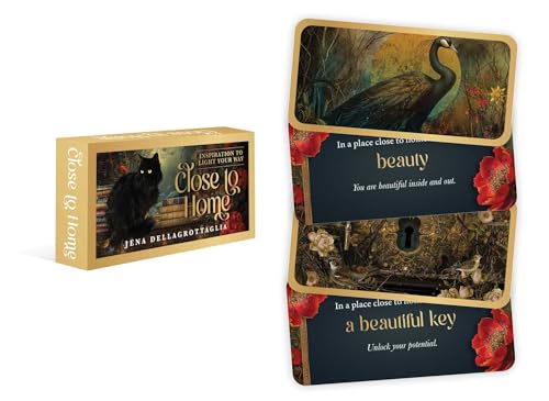Card deck with images of birds, flowers, a cat, and a keyhole.