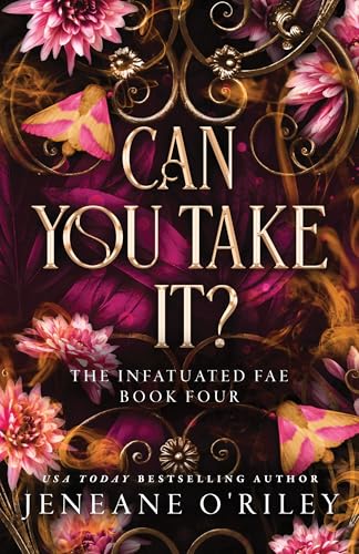 Book cover featuring gold text, pink flowers, and moths against a dark background.