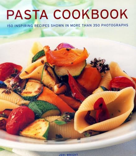 Pasta cookbook cover with a close-up of pasta and vegetables.