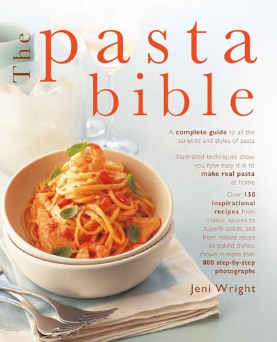 Cookbook cover featuring pasta with shrimp, title “The Pasta Bible.”