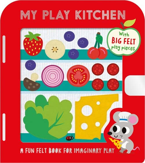 Colorful play kitchen with stove, sink, and cooking utensils for children to play with.