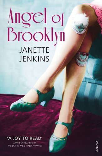 Book cover: legs in heels, turquoise and purple tones, "Angel of Brooklyn.