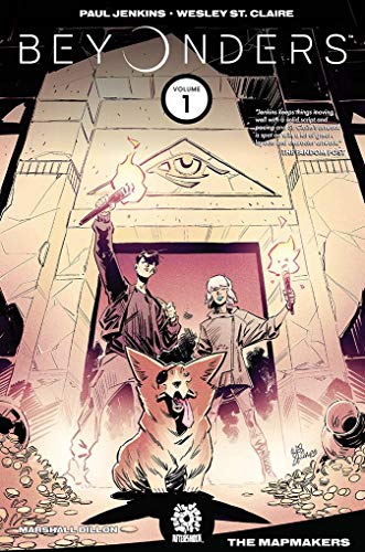 “Beyonders Vol 1” book cover: three figures and a dog before a glowing portal.