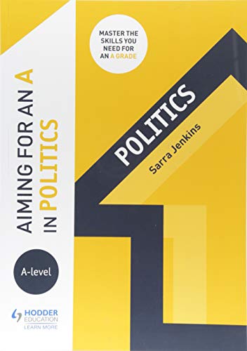 Book cover: "Aiming for an A in Politics" by Sarra Jenkins, yellow and navy.