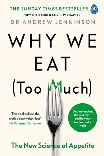 Book cover: "Why We Eat (Too Much)" with a fork illustration.