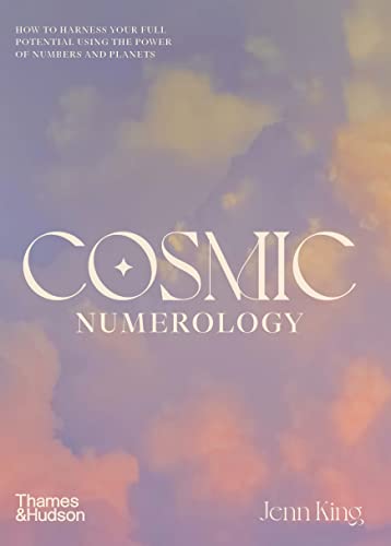 Book cover titled Cosmic Numerology by Jenn King against a hazy, purple-toned cloudy sky.