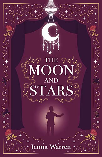 Book cover with crescent moon, stars, roses, and a silhouetted figure.