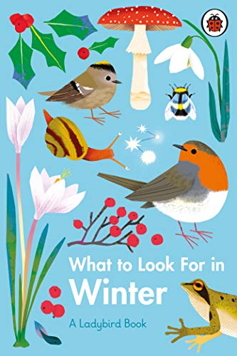 "Book cover with winter wildlife illustrations, including birds, frog, and plants on a blue background."