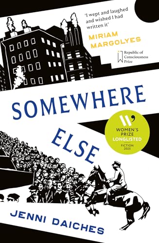 Book cover: black and white illustration with bold blue text, “Somewhere Else.”