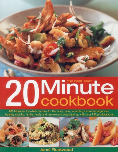 Cookbook cover with colorful food photography and bold “20 Minute cookbook” text.