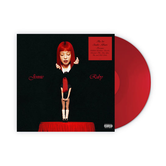 Jennie Ruby album cover with red-haired woman and opaque red vinyl record.