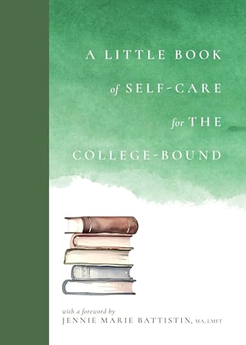 Green book cover with stacked books illustration, titled “A Little Book of Self-Care”.