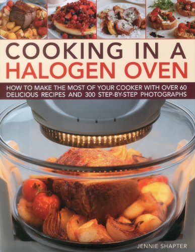 Cookbook cover featuring a halogen oven with roasted chicken and vegetables.