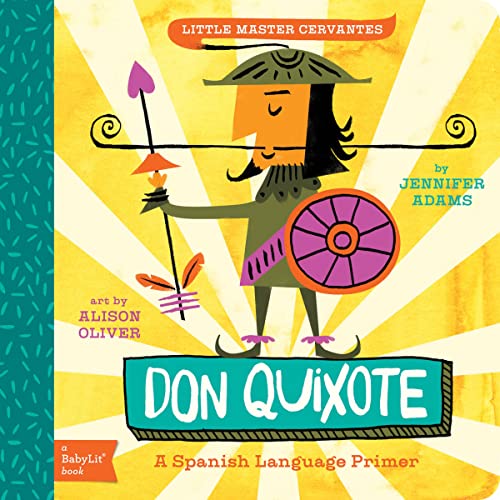 Stylized illustration of Don Quixote with shield and lance, book cover.