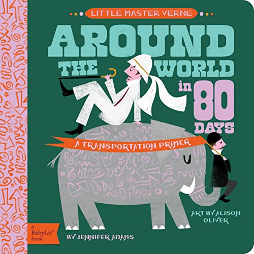 Book cover: illustrated elephant with figures, title “Around the World in 80 Days.”