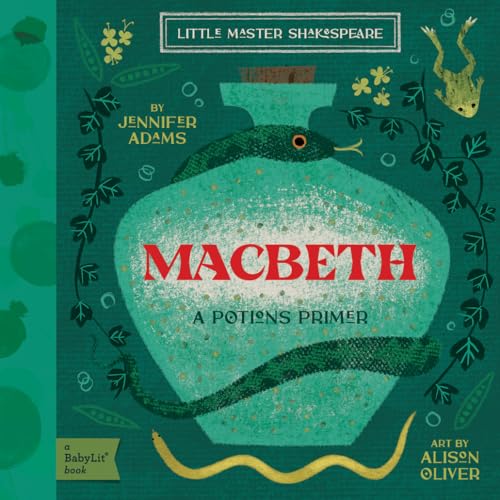 Macbeth" book cover with a teal potion bottle, snake, and floral design.