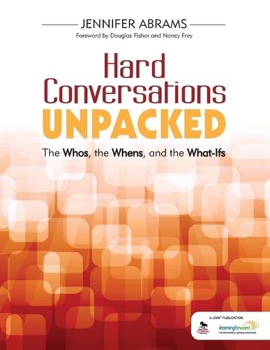 Book cover: "Hard Conversations Unpacked" with orange and red geometric design.