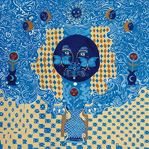 Blue and gold patterned album cover with stylized faces and suns.