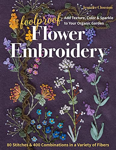 Book cover with embroidered flowers and text about flower embroidery techniques and stitches.