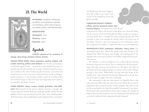 Open book pages displaying tarot card "The World" and symbolic analysis.