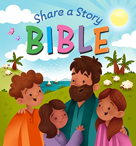 Colorful illustrated children’s Bible cover with family and landscape.