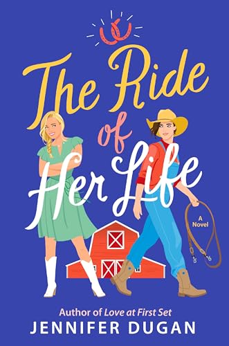Book cover featuring two women, a red barn, and horseshoes on a blue background.