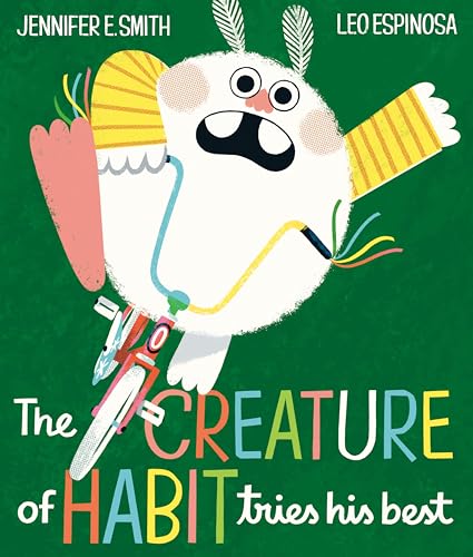 Fluffy white creature rides a red bicycle, holding a carrot.