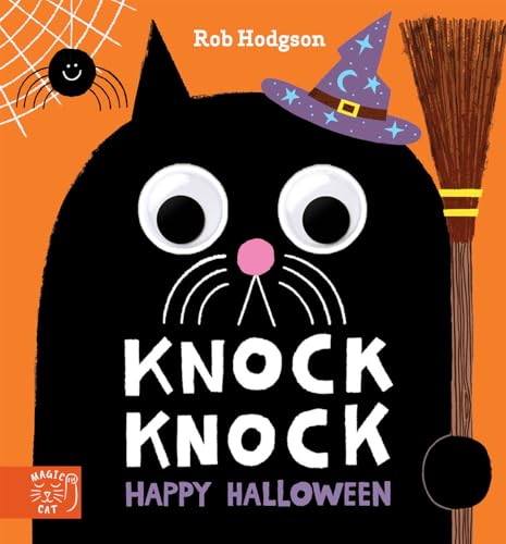 Black cat with a purple witch’s hat and a broom, Halloween book cover.