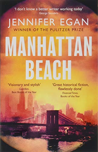 Book cover for "Manhattan Beach" with a bridge and orange-toned sky.