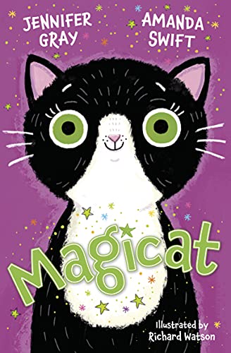 Book cover featuring a cartoon black and white cat with green eyes.