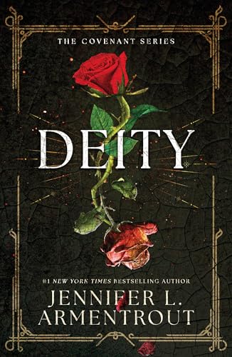 Book cover of Deity featuring a red rose and a wilted rose on black.