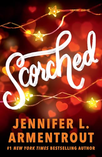 Book cover with white script title "Scorched" and twinkling lights on red background.
