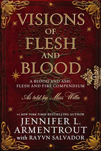Book cover with a red leather texture, gold filigree corners, and a central tree.