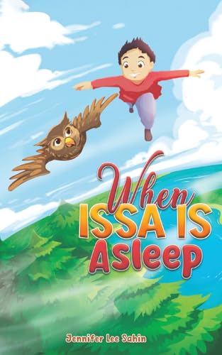 Boy flying with an owl against a blue sky and green hills.