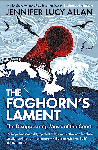 Book cover illustration of a red foghorn above crashing blue waves and flying birds.